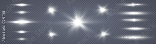 White glowing light explodes on a transparent background. Bright Star. Transparent shining sun, bright flash. Vector graphics. 