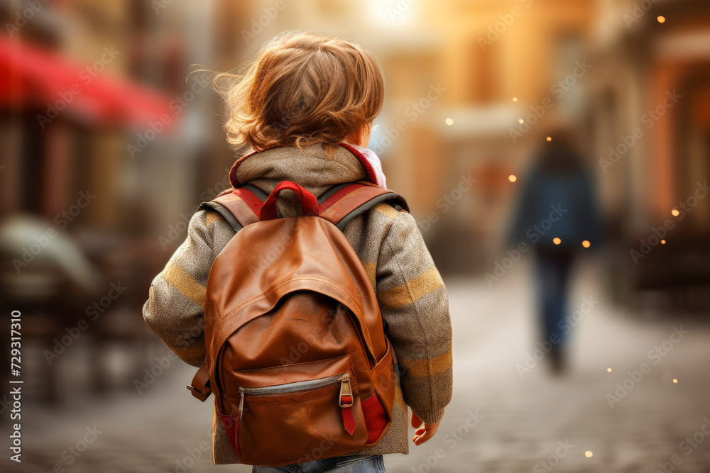 Unknown boy carries a bag in the town, back to school concept