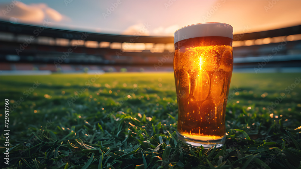Cinematic wide angle photograph of a beer pint glass at a soccer stadium. Product photography. - obrazy, fototapety, plakaty 