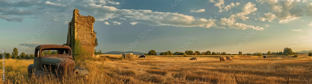 Panorama of grazing cows in a meadow with grass covered with dewdrops and morning fog, and in the background the sunrise in a small haze. sunset, farm, old car, destroyed building Panorama of grazing cows in a meadow with grass covered with dewdrops and morning fog, and in the background the sunrise in a small haze. sunset, farm, old car, destroyed building