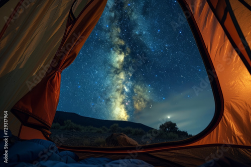 The Beautiful Night Sky Viewed from Inside a Tent. The Brilliance of the Milky Way and Constellations Experienced During Camping.