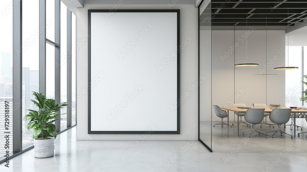 Fototapeta premium A meeting room with white chairs and a large white board on the wall