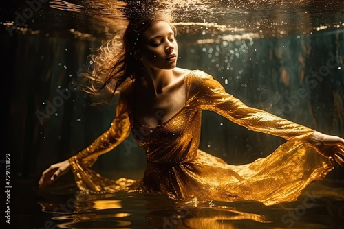 Charming woman in gold dress is submerged in water, surrounded by ripples and droplets © sommersby