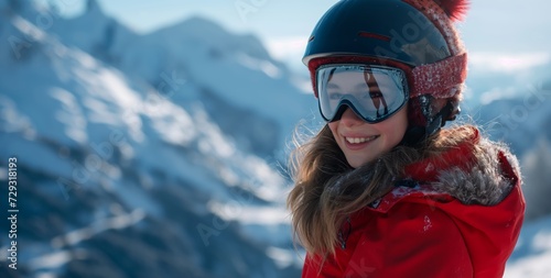Portrait of a woman wearing a helmet enjoys skiing in the snowy mountains during winter woman in a snowboard helmet and goggles in the winter mountains