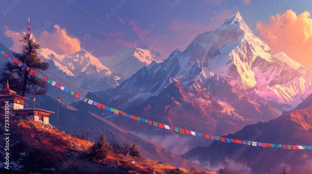A serene temple adorned with colorful prayer flags stands against the backdrop of majestic snowy mountains illuminated by the sunrise. Resplendent. - obrazy, fototapety, plakaty 