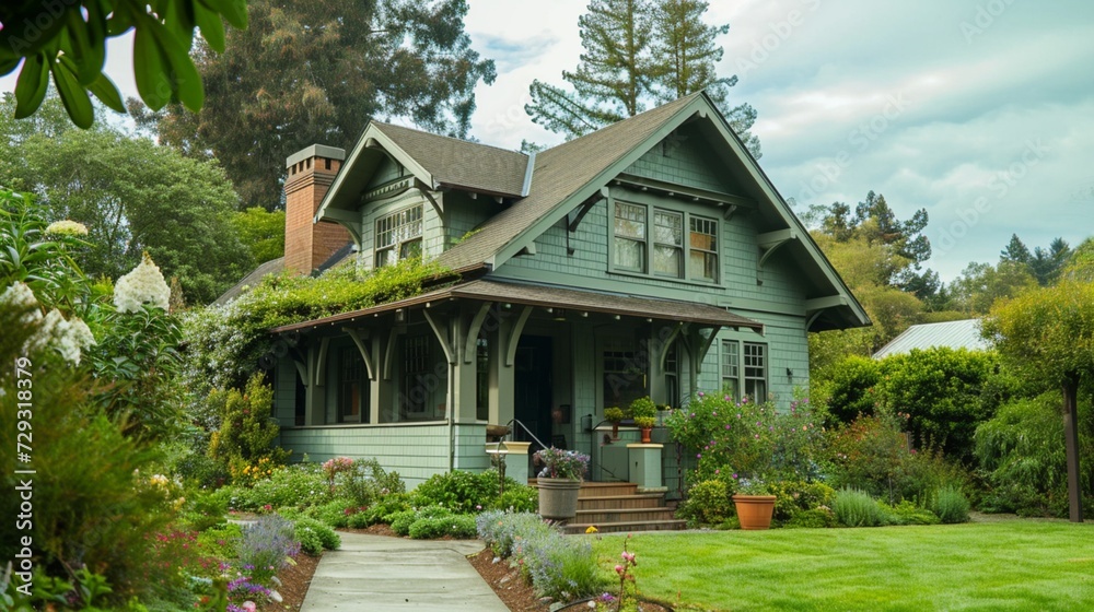 a side angle view of A mint green craftsman cottage, featuring a charming front view with artisanal details, set against a green garden, exemplifying modern cottage aesthetics.