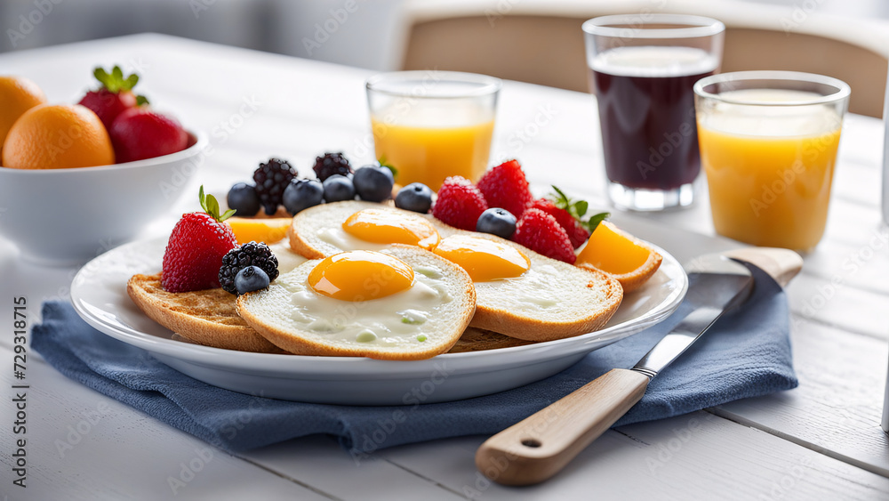 Breakfast with toast, fried egg and fresh berries on wooden table