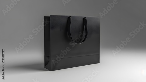 a blank black paper shopping bag with silk handle isolated on light grey backgrounds. paper gift bag, mockup, copy space.
