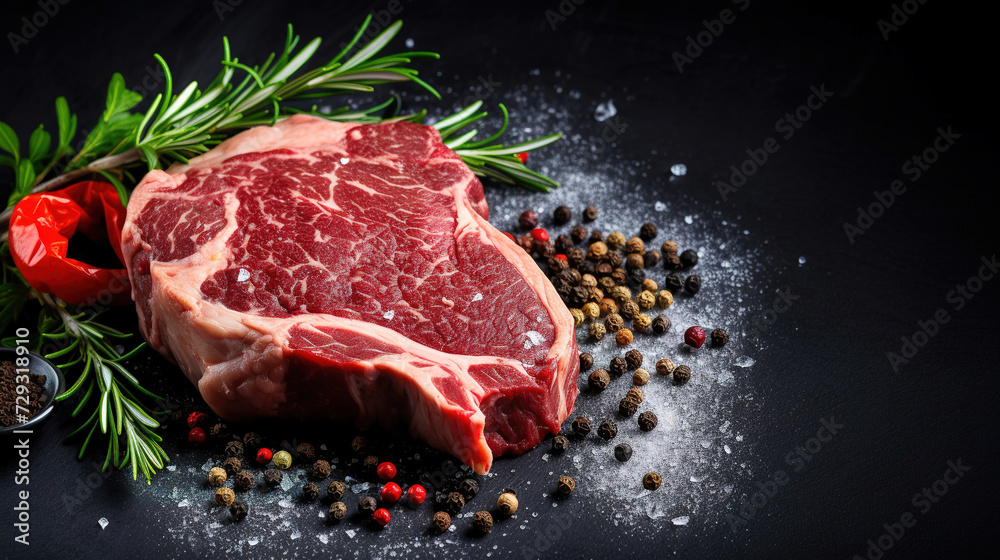 a fresh raw black angus prime meat steak t-bone, with empty copy space, food advertising