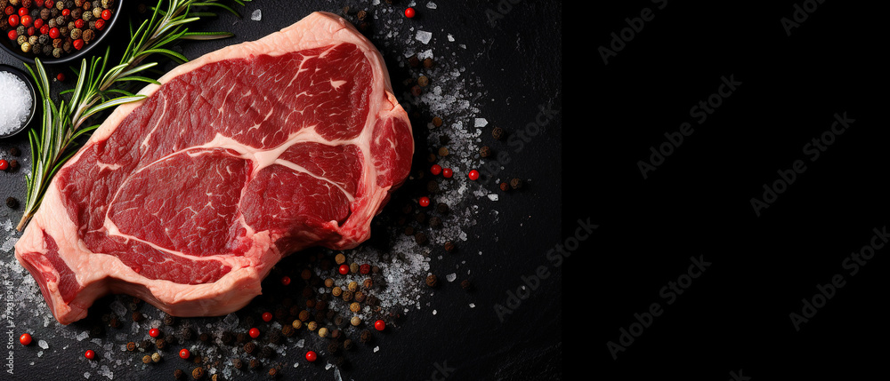 a fresh raw black angus prime meat steak t-bone, with empty copy space, food advertising