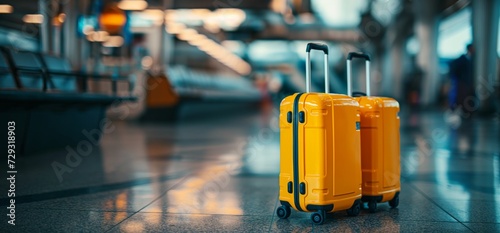 two suitcases sitting in the waiting area, amber, poster, photo-realistic landscapes, blurred, travel, light yellow and dark orange, engineering/construction and design