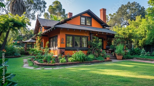 a side angle view of An orange craftsman cottage with distinctive front architecture, encircled by a lush backyard, showcasing a high- 