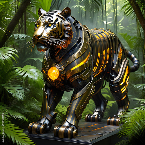Modified tiger that looks like a cyborg, Futuristic tiger, mechanical robot warrior,tigress future warrior, generative ai, electronic animal, robot tiger © QuantumForge