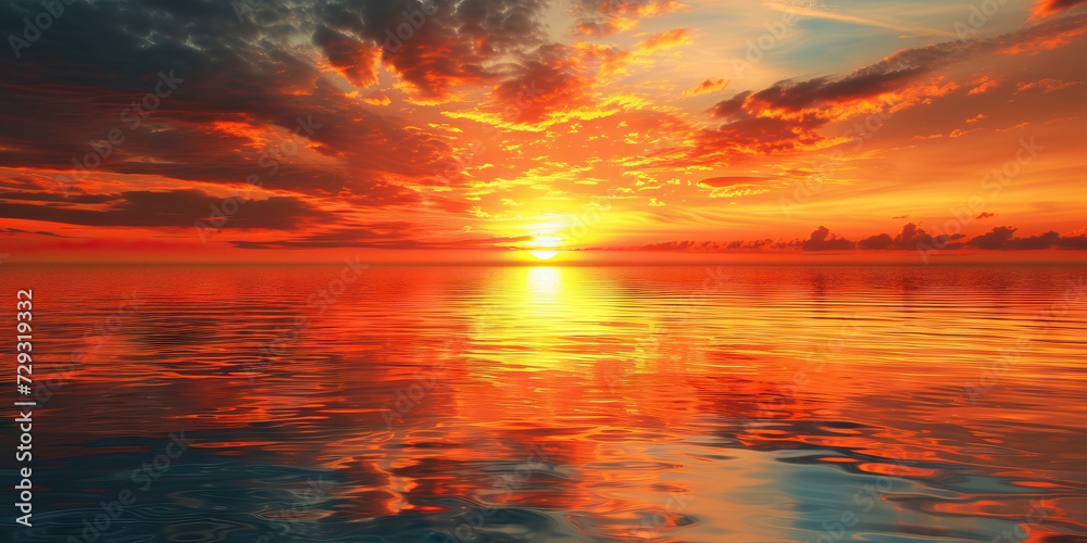 Orange Sunset Over Water: Scenic View of Orange Sunset Reflecting on Calm Water