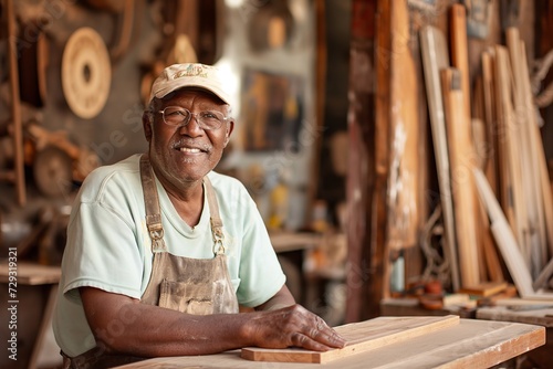 Senior man crafting in a workshop, symbolizing skilled hobby and active retirement. photo