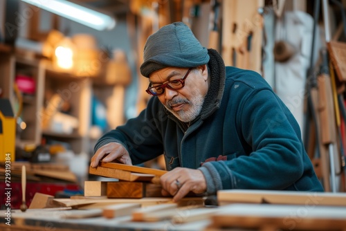 Senior man crafting in a workshop, symbolizing skilled hobby and active retirement.