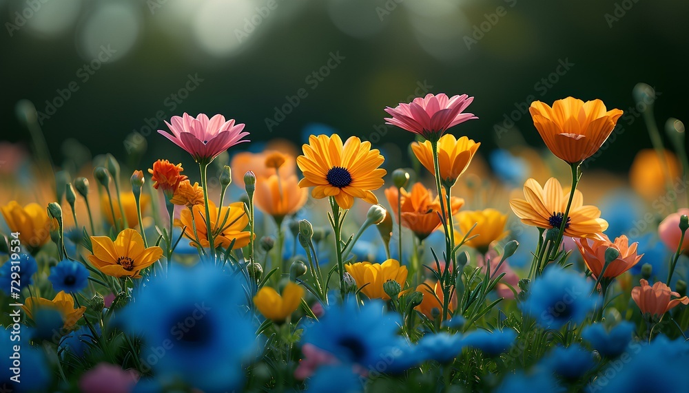 field of flowers. blue flowers. red flowers. yellow and orange flowers in a meadow in nature field of flowers. blue flowers. red flowers. yellow and orange flowers in a meadow in nature