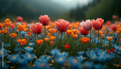 field of flowers. blue flowers. red flowers. yellow and orange flowers in a meadow in nature