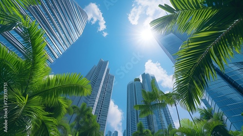 Highrise buildings on a blue sky with palm tree © Nadzeya