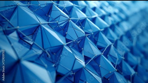 ten blue triangles in a geometric structure, in the style of photo-realistic compositions, spherical sculptures, macro zoom, detailed world-building, made of rubber, architectural grids