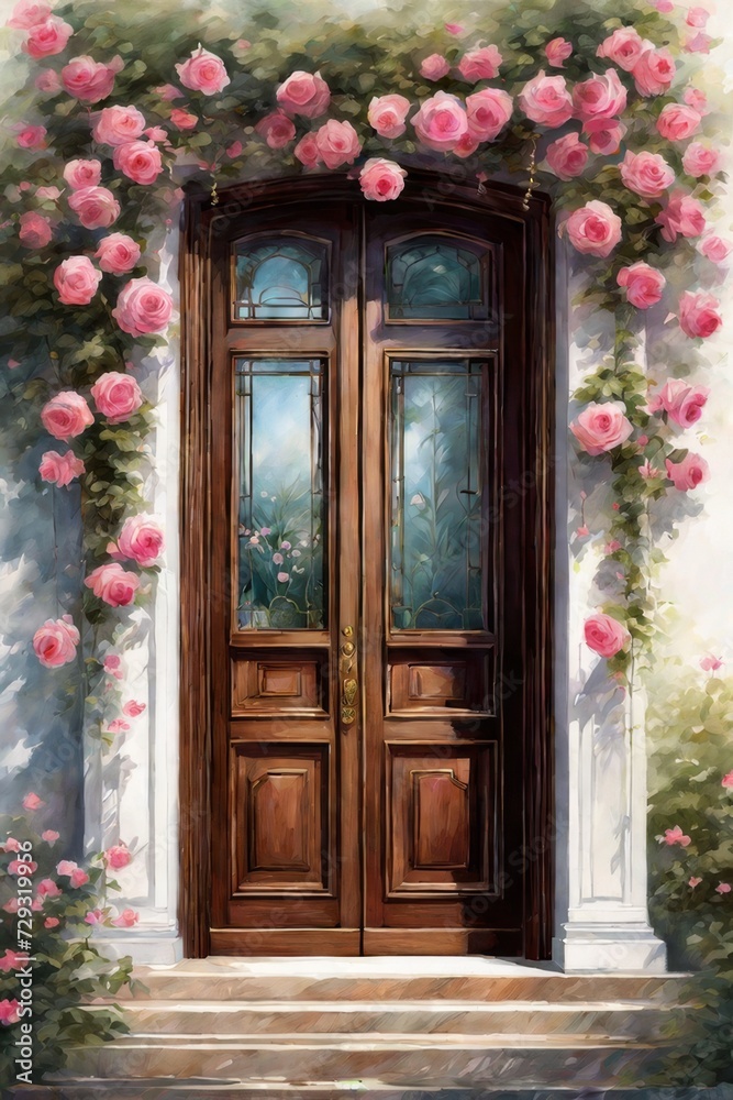 in front of front door stylish suburban house, AI in front of front door stylish suburban house, AI