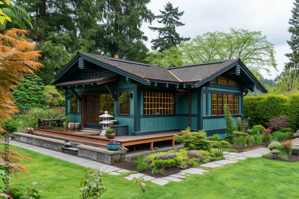 a side angle view of A teal craftsman cottage with a backyard Japanese garden, complete with a small pagoda