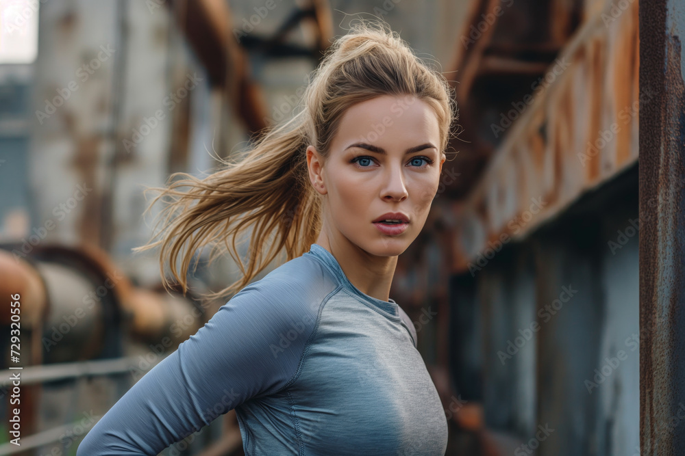A determined athletic woman in sportswear as a runner with windblown hair, wearing a blue top, against a rusty industrial backdrop. A determined athletic woman in sportswear as a runner with windblown hair, wearing a blue top, against a rusty industrial backdrop.