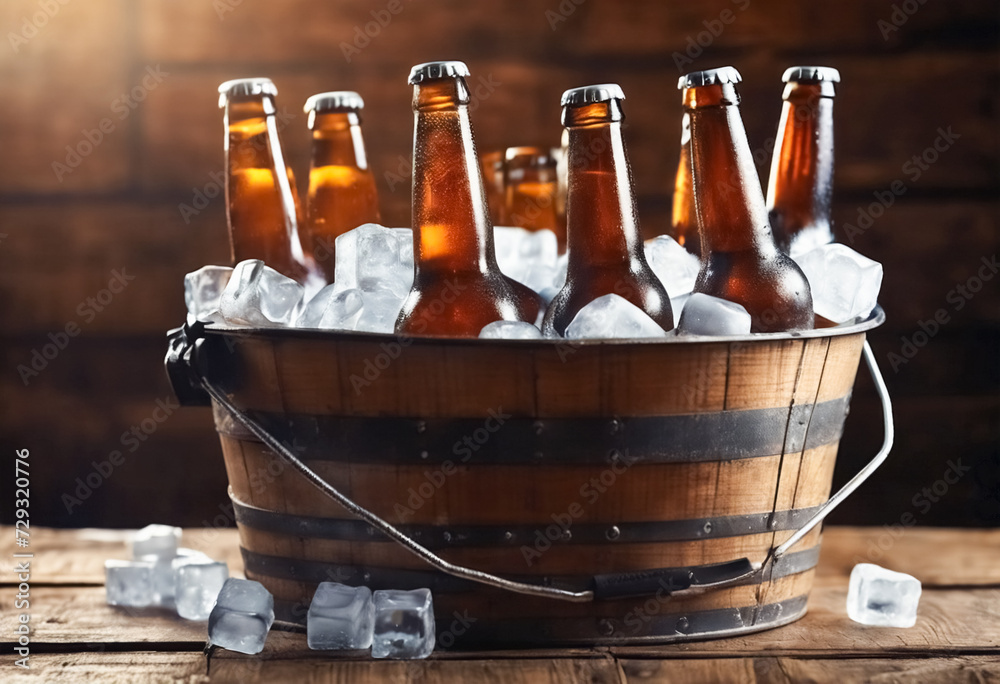 Rustico e Rinfrescante- Birre Gelate in Secchiello Metallico su Sfondo di Legno