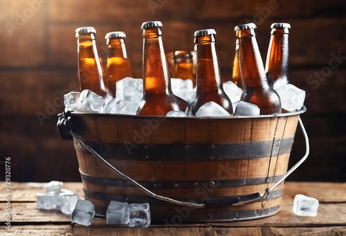 Obraz na płótnie Rustico e Rinfrescante- Birre Gelate in Secchiello Metallico su Sfondo di Legno w salonie