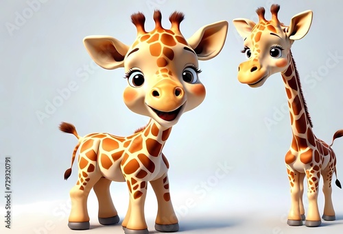 A Adorable 3d rendered cute happy smiling and joyful baby giraffe cartoon character on white backdrop