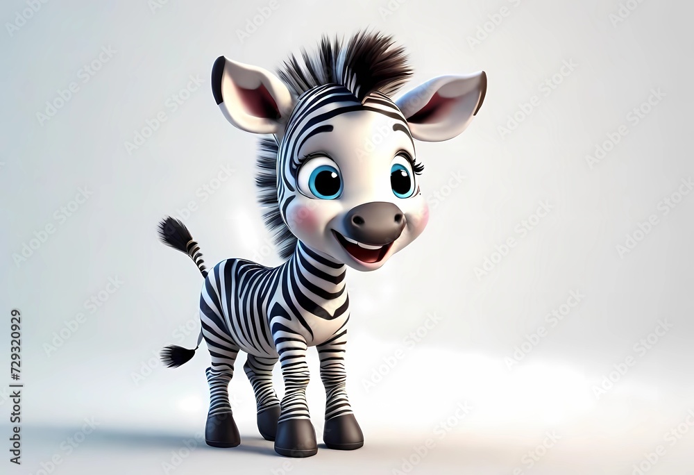 A Adorable 3d rendered cute happy smiling and joyful baby Zebra cartoon character on white backdrop