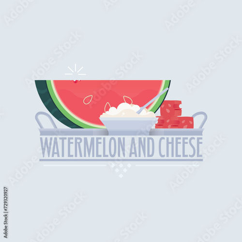 vector watermelon and feta cheese on plate
