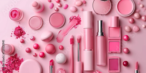 Pink Cosmetics: Assortment of Pink Makeup Products Arranged for a Girly Pink Background
