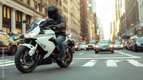 A sporty motorbike with a motorcyclist in a black helmet and leather jacket rushes through the streets of the city