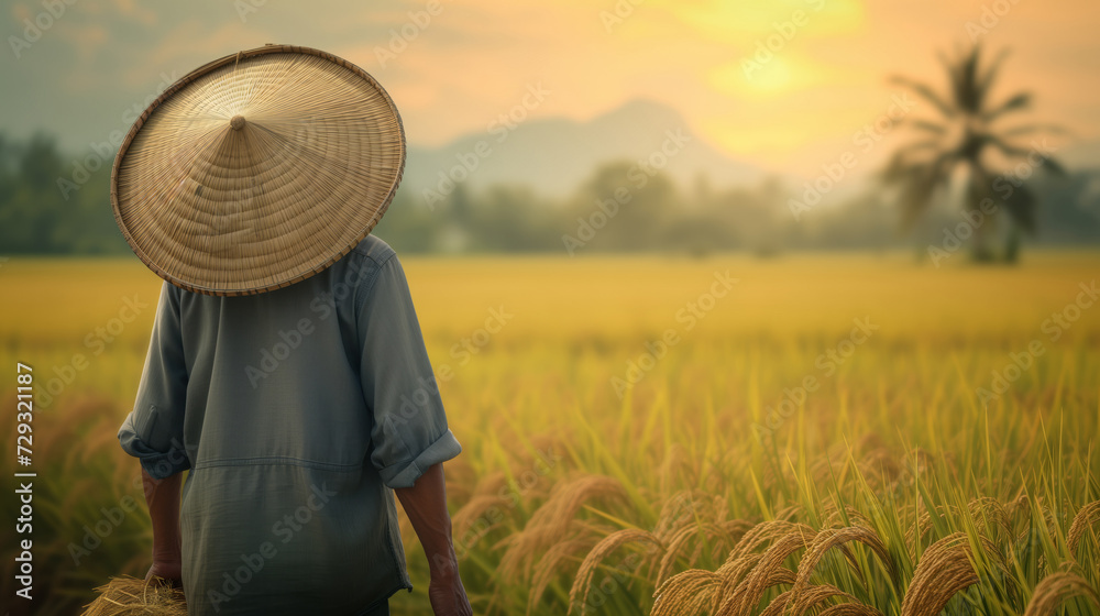 Fototapeta premium People in Vietnam, Korea, and the islands harvest rice in the field.