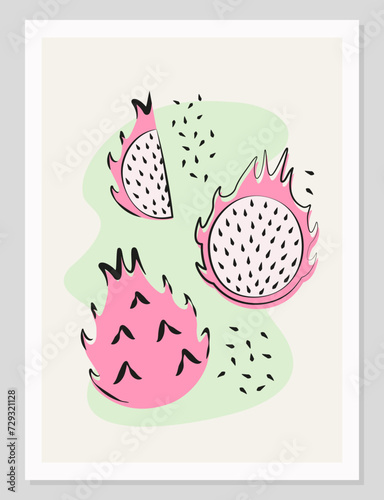 Fruit flat minimal illustration composition of pitaya. Poster with dragon fruit in flat minimal design. Fruit simple Vector illustration.