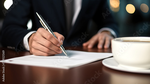 A close-up of a businessperson's hand signing an important docum
