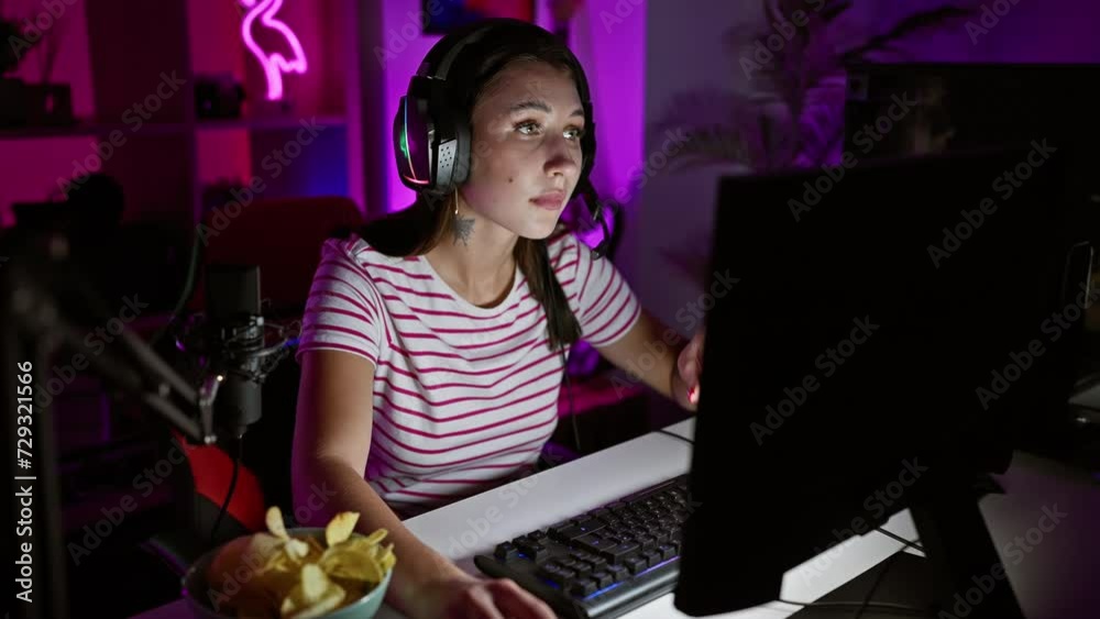 Concentrated young woman gaming in a dark room with neon lights, wearing headphones and eating chips Concentrated young woman gaming in a dark room with neon lights, wearing headphones and eating chips