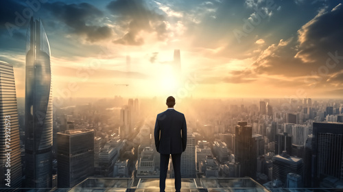 business man looking at the sun on city in the sky, immersive en