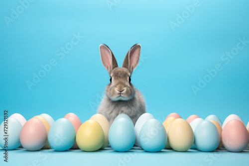 easter rabbits, easter eggs and basket on blue background