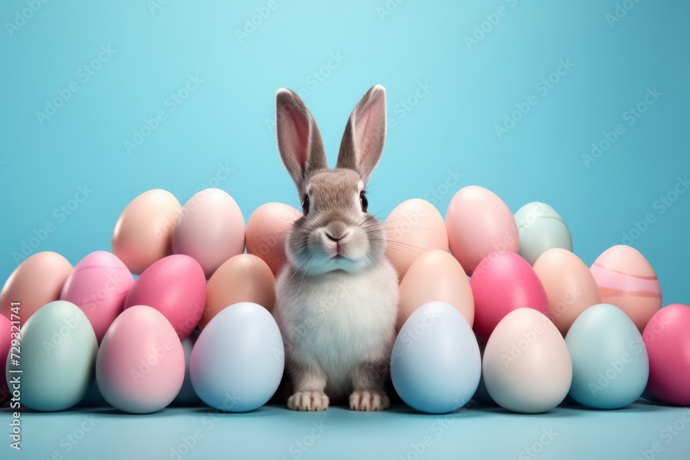 easter rabbits, easter eggs and basket on blue background