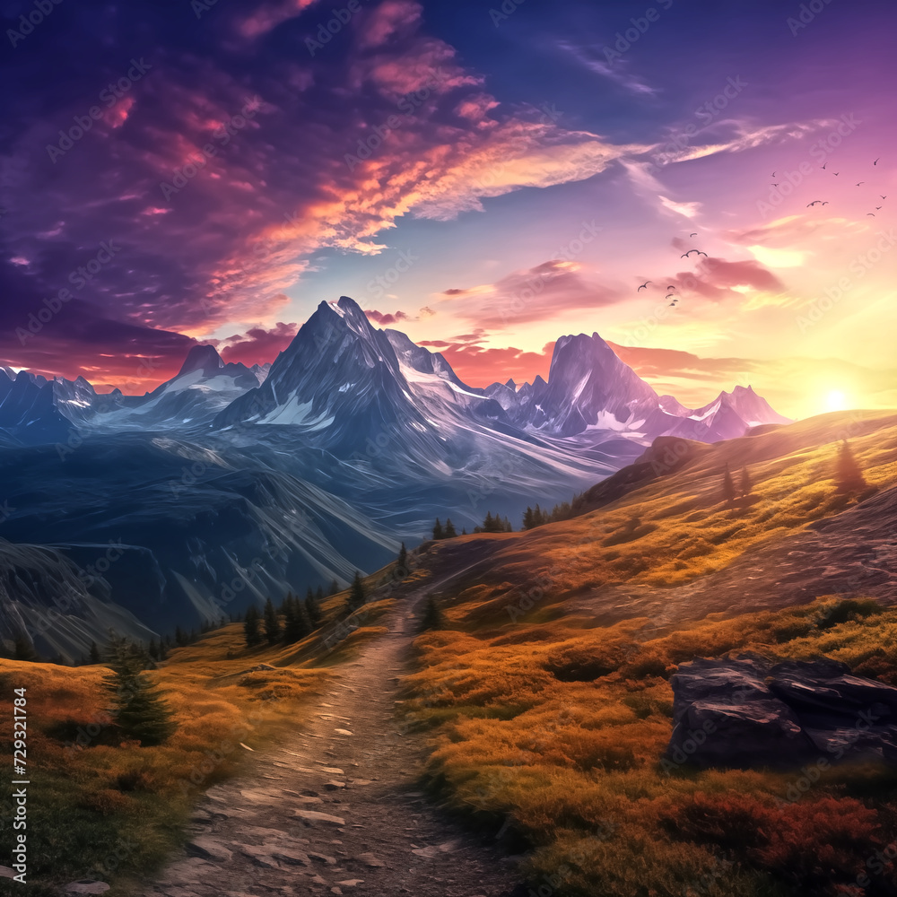 Majestic mountain range at sunset, casting vibrant hues across t