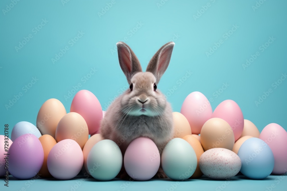 Fototapeta premium easter rabbits, easter eggs and basket on blue background