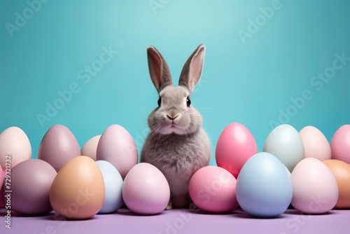 easter rabbits, easter eggs and basket on blue background
