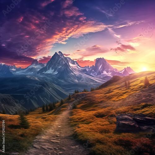 Majestic mountain range at sunset  casting vibrant hues across t