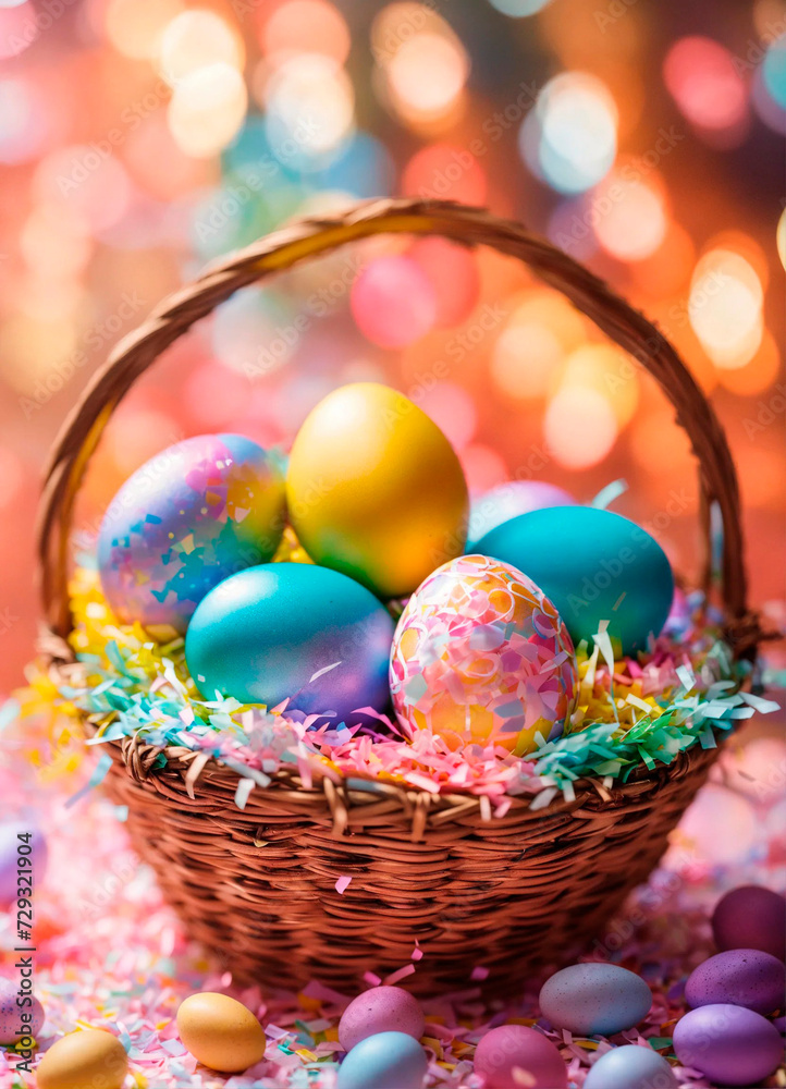 multi-colored Easter eggs in a basket. Selective focus. multi-colored Easter eggs in a basket. Selective focus.