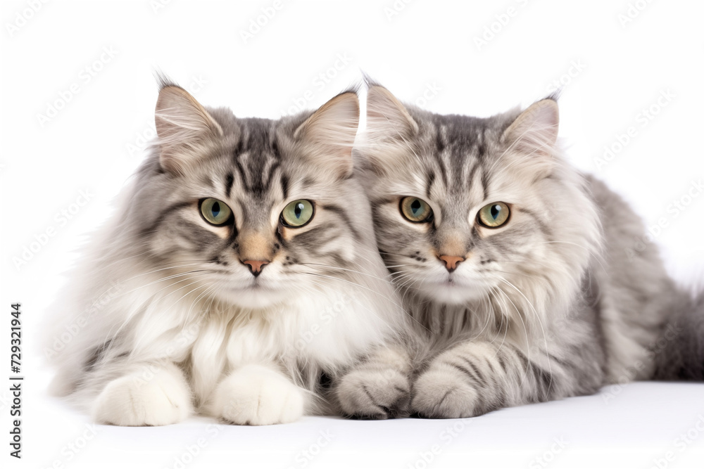 Two fluffy longhair cats isolated on a white background