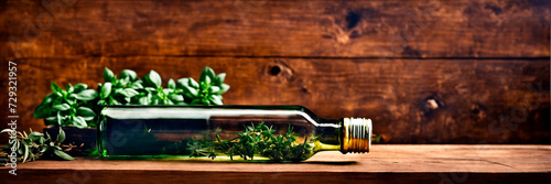 basil essential oil in a bottle. Selective focus.