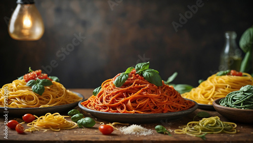 A variety of colorful pasta types vibrant green spinach fettuccine  rich red tomato infused linguine  and golden strands of saffron infused spaghetti on a rustic Italian-inspired backdrop