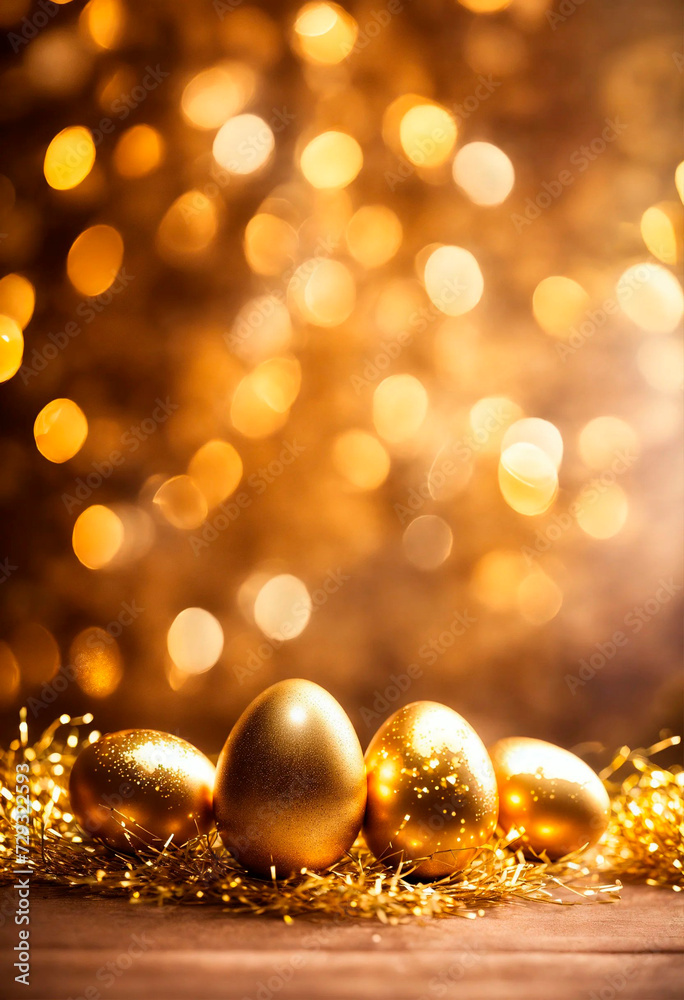 golden Easter eggs on a shiny background. Selective focus.